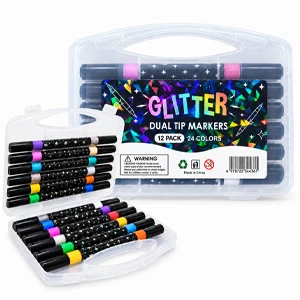 Glitter Dual Tip Marker Set 12 Pens with 24 Vibrant Colors Fine Tip and Brush Tip for Drawing (TL-225)
